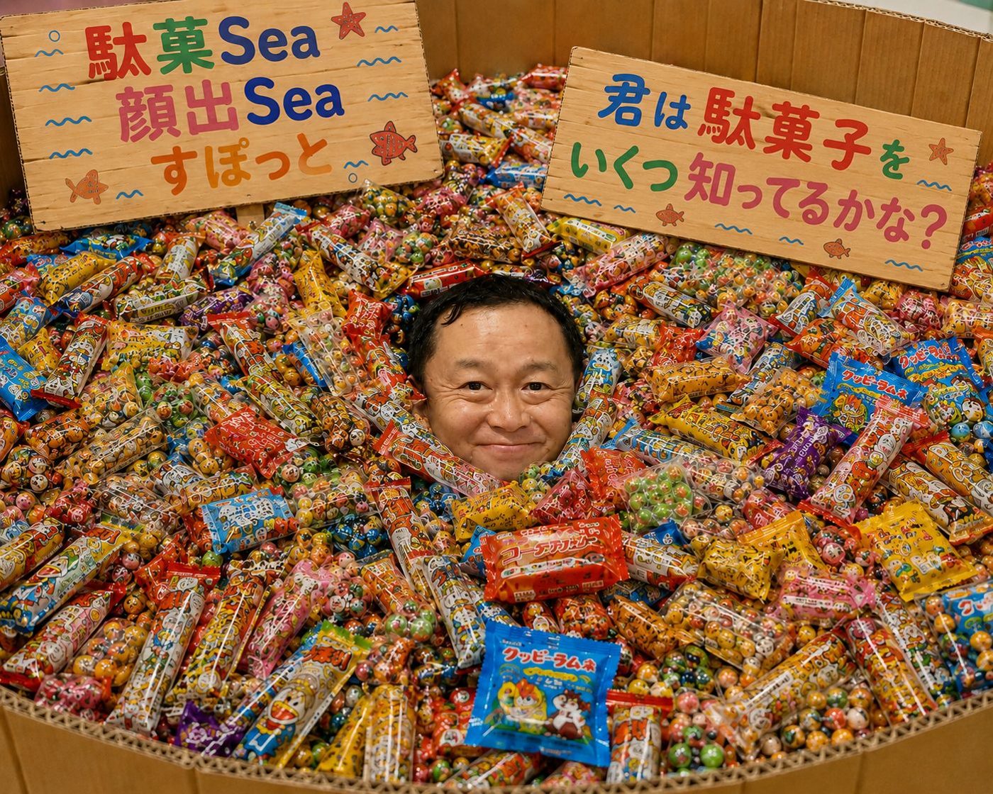 色とりどりの駄菓子の海から顔を出している人。「駄菓Sea 顔出Seaすぽっと」「君は駄菓子をいくつ知ってるかな？」の看板つき