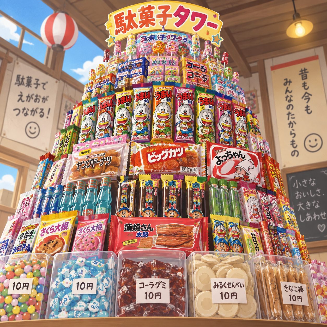うまい棒やビッグカツ、ラムネなどの駄菓子を何段にも積み上げた「駄菓子タワー」のイラスト。前には10円の駄菓子が並ぶ